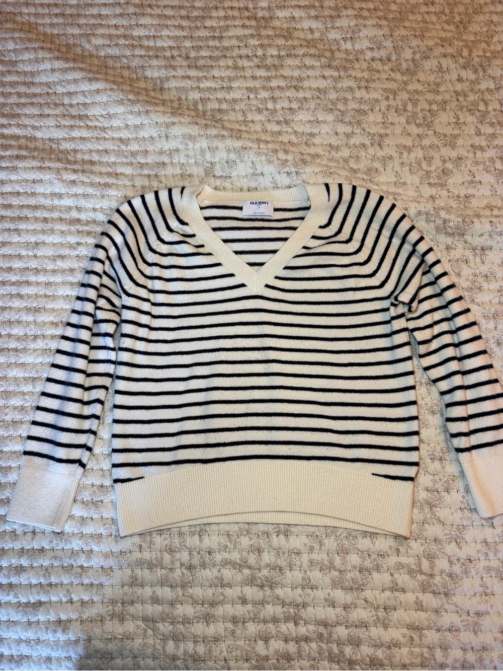 Old Navy Striped V-Neck Sweater - Cream and Black